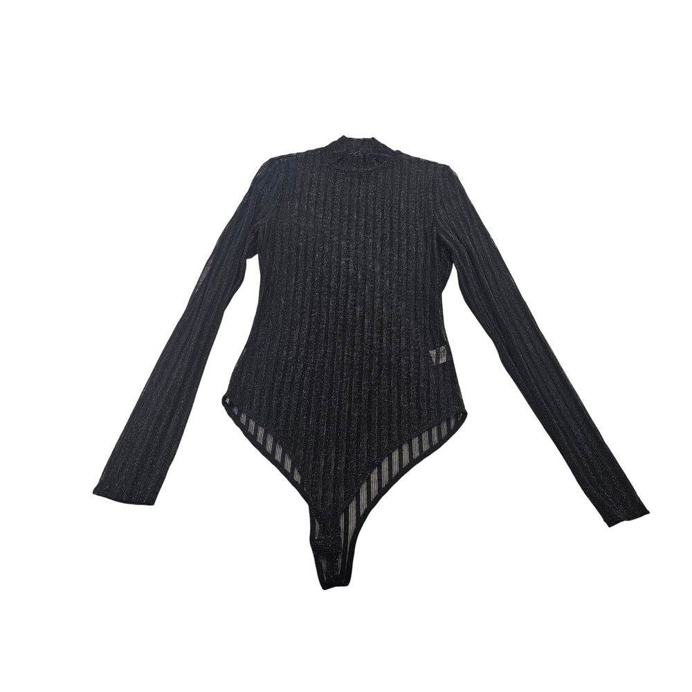 Iris Bodysuit Womens Large Black Striped Metallic Sheer Mock Neck IT90531 Sexy